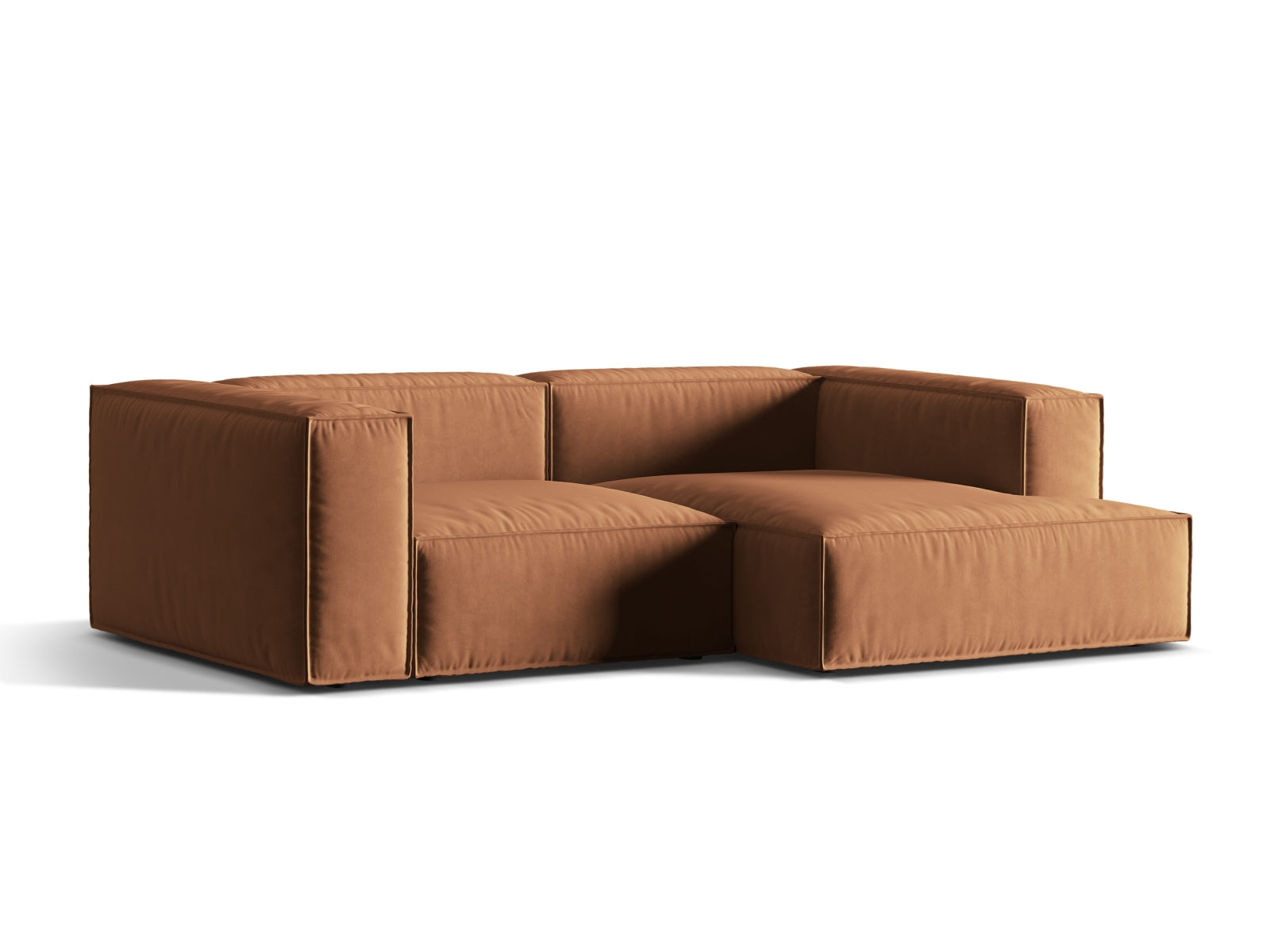 Elegantes Nuria Velour Ecksofa in Honigfarbe, ideal für stilvolle Wohnräume. Modular und bequem, perfekt für entspannte Abende.
