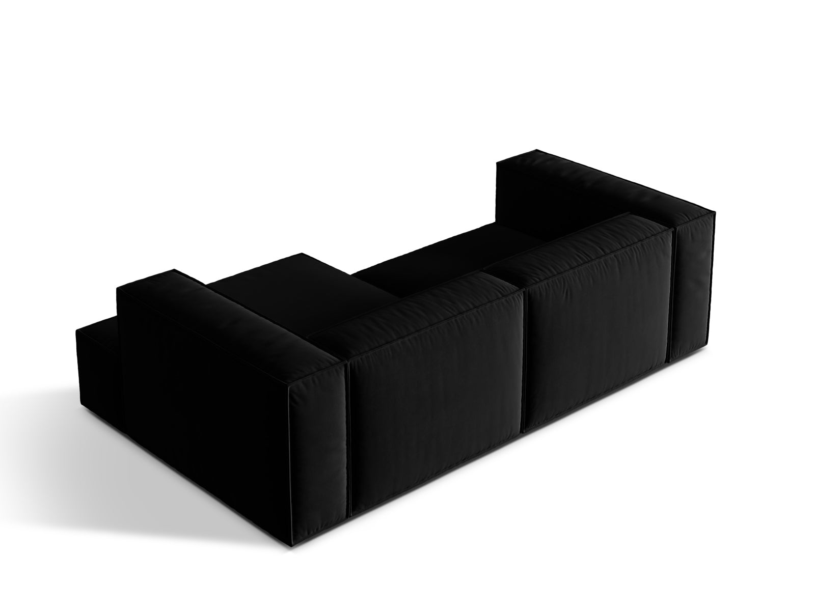 Elegantes Nuria Velour Ecksofa in Schwarz, rechtsseitig, vereint modernes Design und Gemütlichkeit für entspannte Stunden im Wohnzimmer.