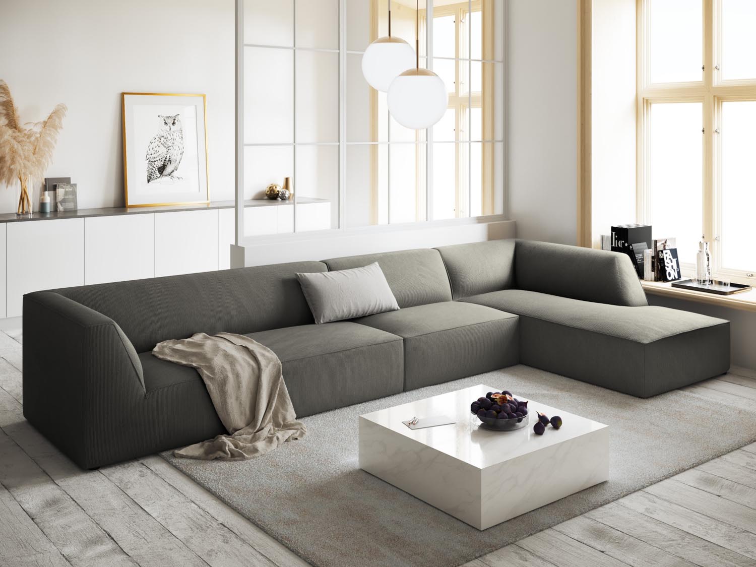Elegantes Ruby Ecksofa in stilvollem Light Grey, ideal für moderne Wohnräume. 5-Sitzer mit modularer Flexibilität von Micadoni.