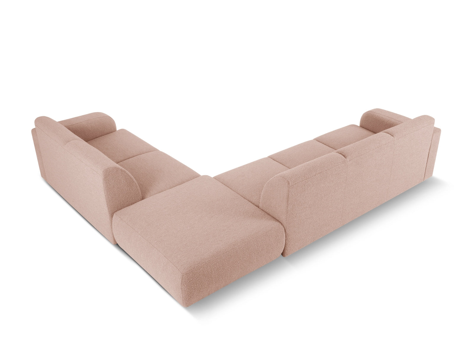 Modernes Molino Boucle Ecksofa rechts für 6 Personen in zartem Powder Pink, perfekt für gemütliche und stilvolle Wohnzimmer.
