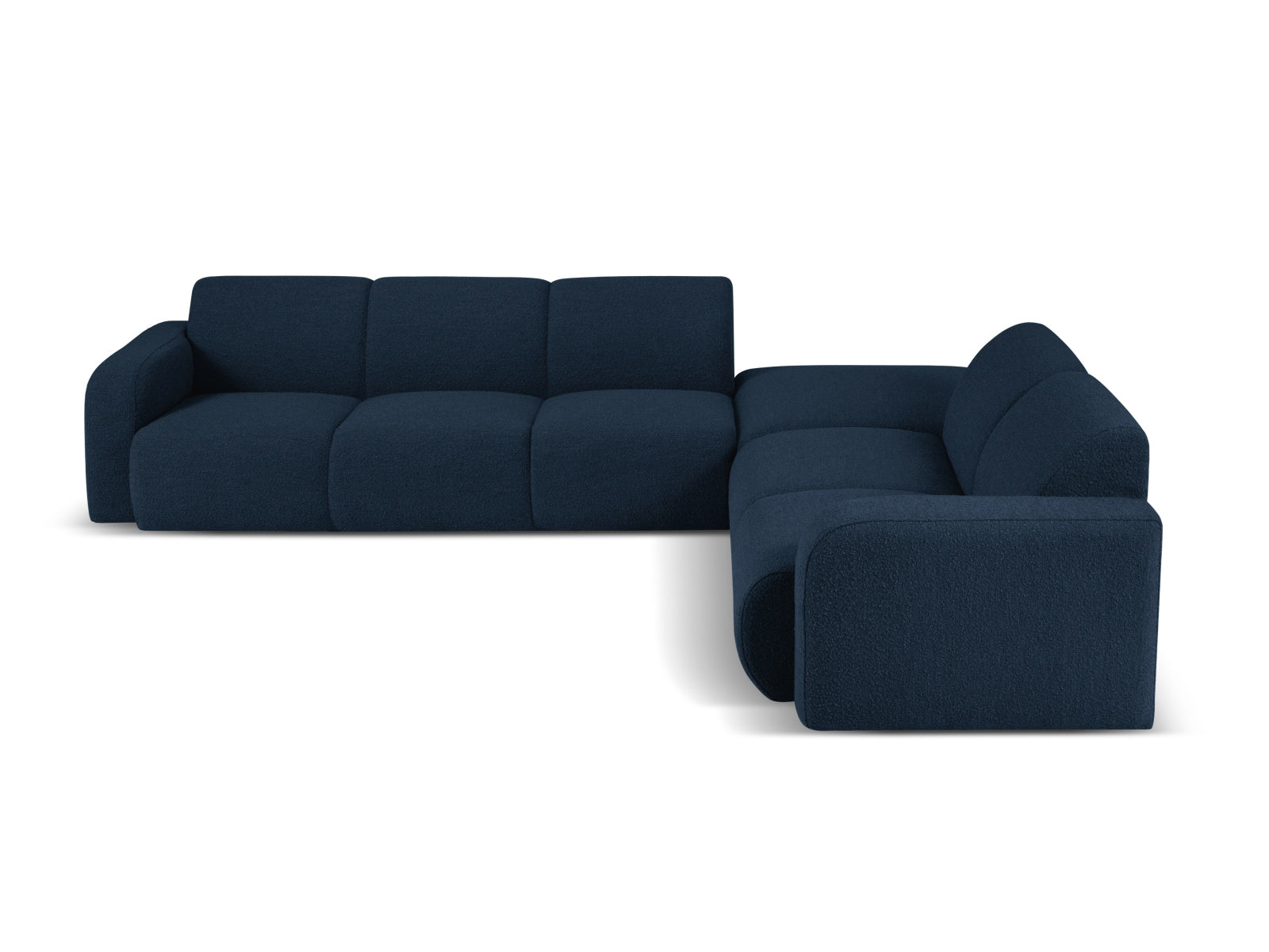 Elegantes Molino Boucle Ecksofa rechts für 6 Personen in Dunkelblau, ideal für stilvolle Wohnräume, erhältlich bei KAQTU Design AG.