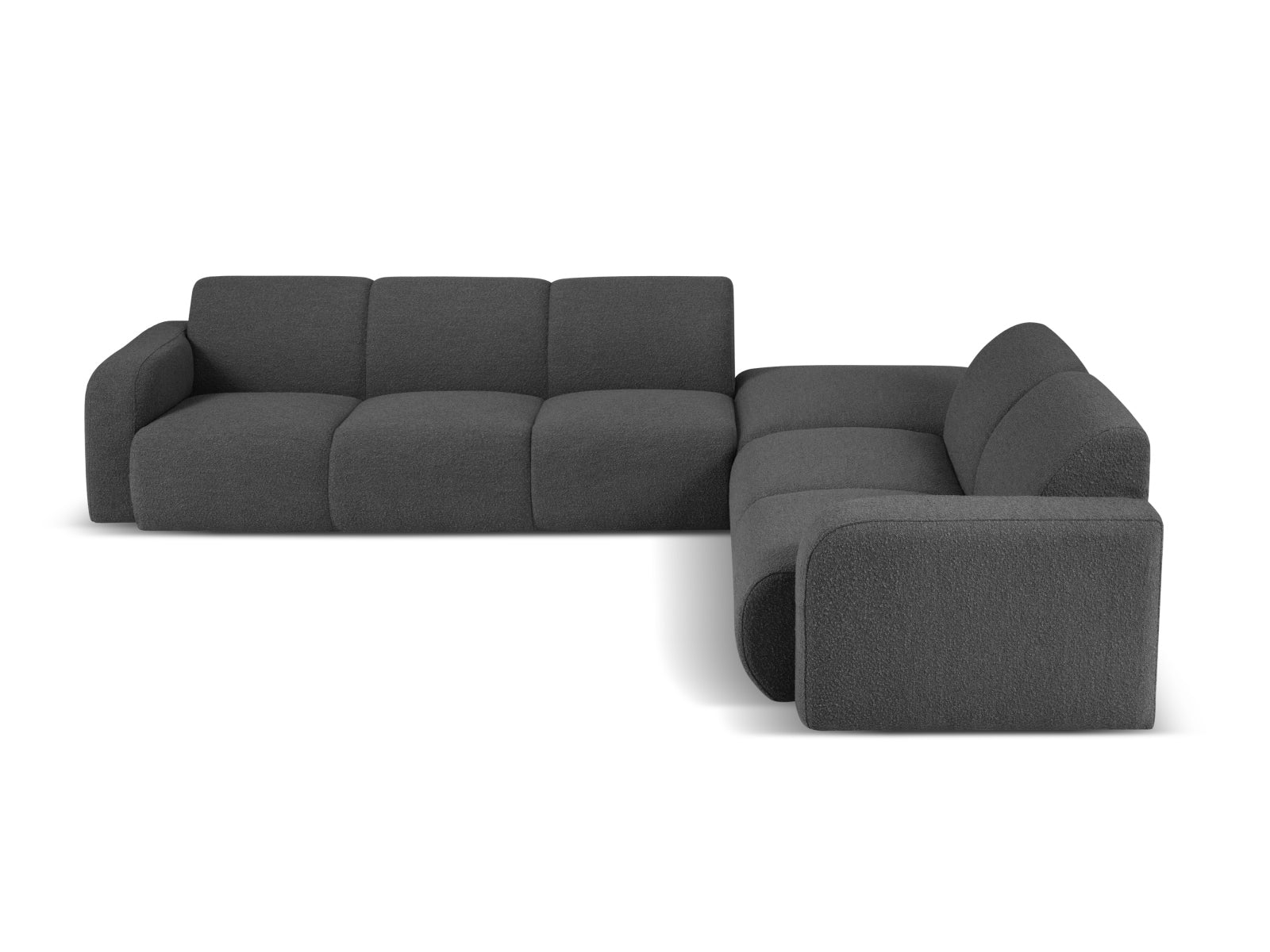 Elegantes Molino Boucle Ecksofa rechts für 6 Personen in dunklem Grau, ideal für stilvolle Wohnräume und gemütliche Abende.