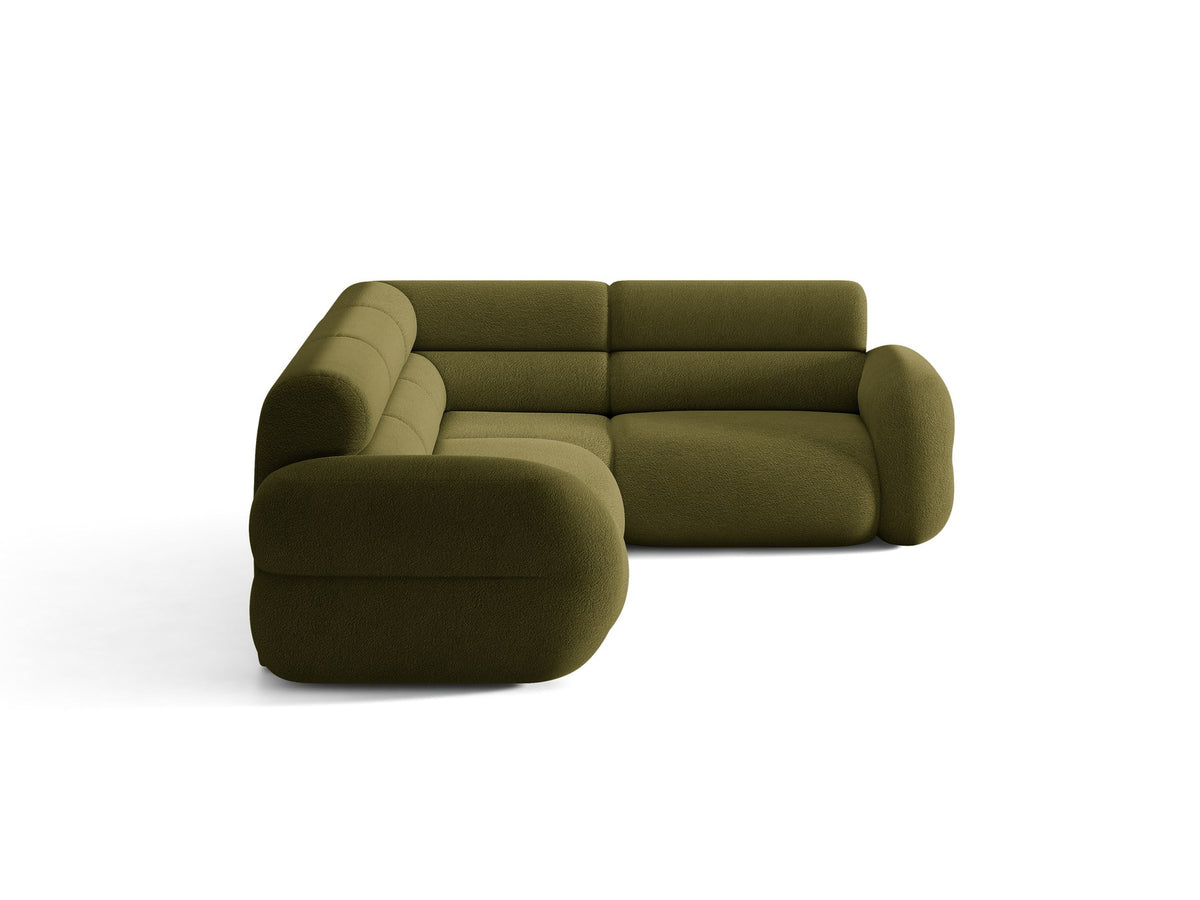 Neo Linkes Ecksofa von Micadoni in dunklem Olivgrün, L-Sofa rechts mit Bouclé-Stoffbezug, hoher Rückenlehne und schwarzen Kunststoffbeinen.