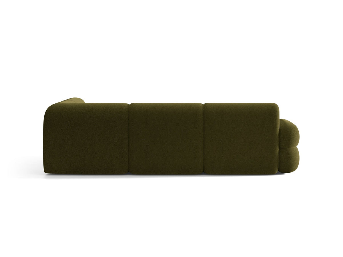 Neo Linkes Ecksofa von Micadoni in dunklem Olivgrün, L-Sofa rechts mit Bouclé-Stoffbezug, hoher Rückenlehne und schwarzen Kunststoffbeinen.