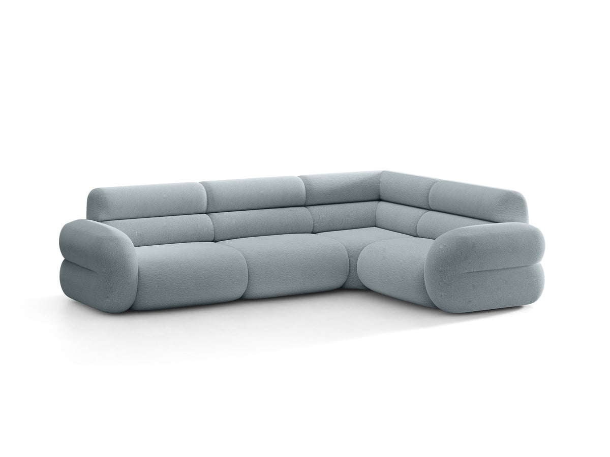 Neo Linkes Ecksofa von Micadoni in dunklem Olivgrün, L-Sofa rechts mit Bouclé-Stoffbezug, hoher Rückenlehne und schwarzen Kunststoffbeinen.