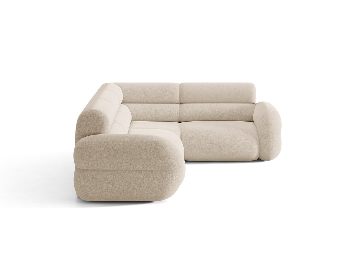 Neo Linkes Ecksofa von Micadoni in dunklem Olivgrün, L-Sofa rechts mit Bouclé-Stoffbezug, hoher Rückenlehne und schwarzen Kunststoffbeinen.