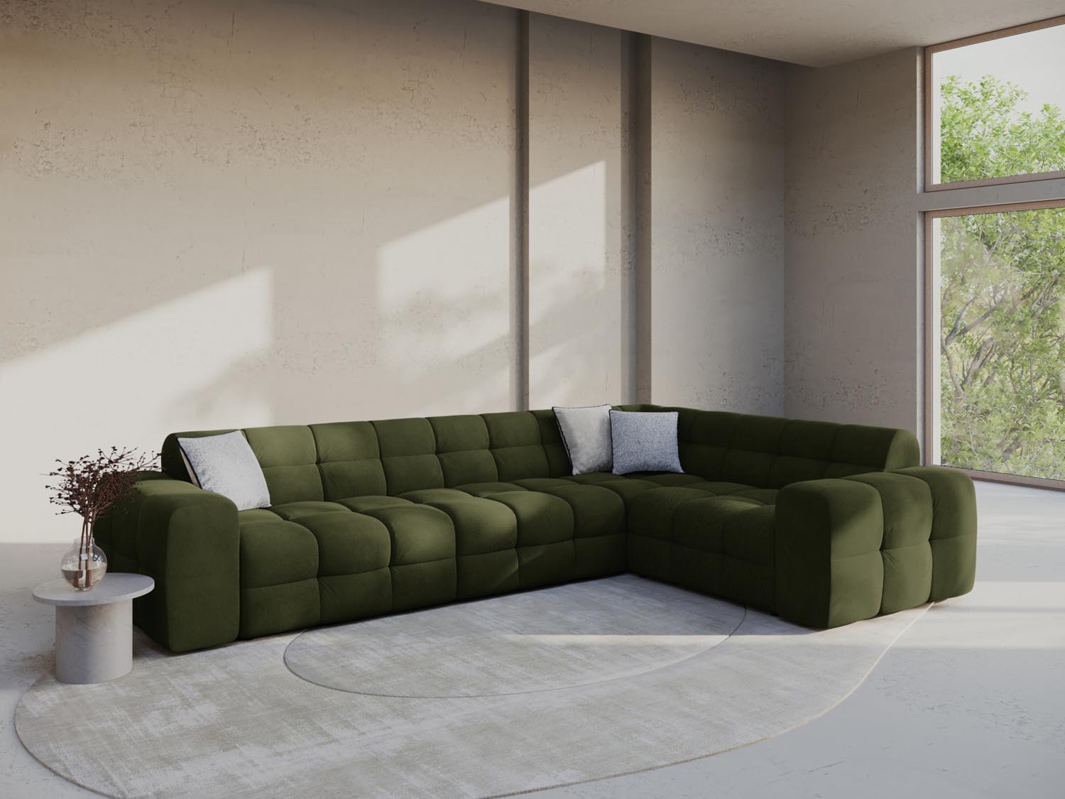 Elegantes Kendal Velour Ecksofa in Army Green, 6-Sitzer, ideal für stilvolle Wohnräume, präsentiert von Micadoni.
