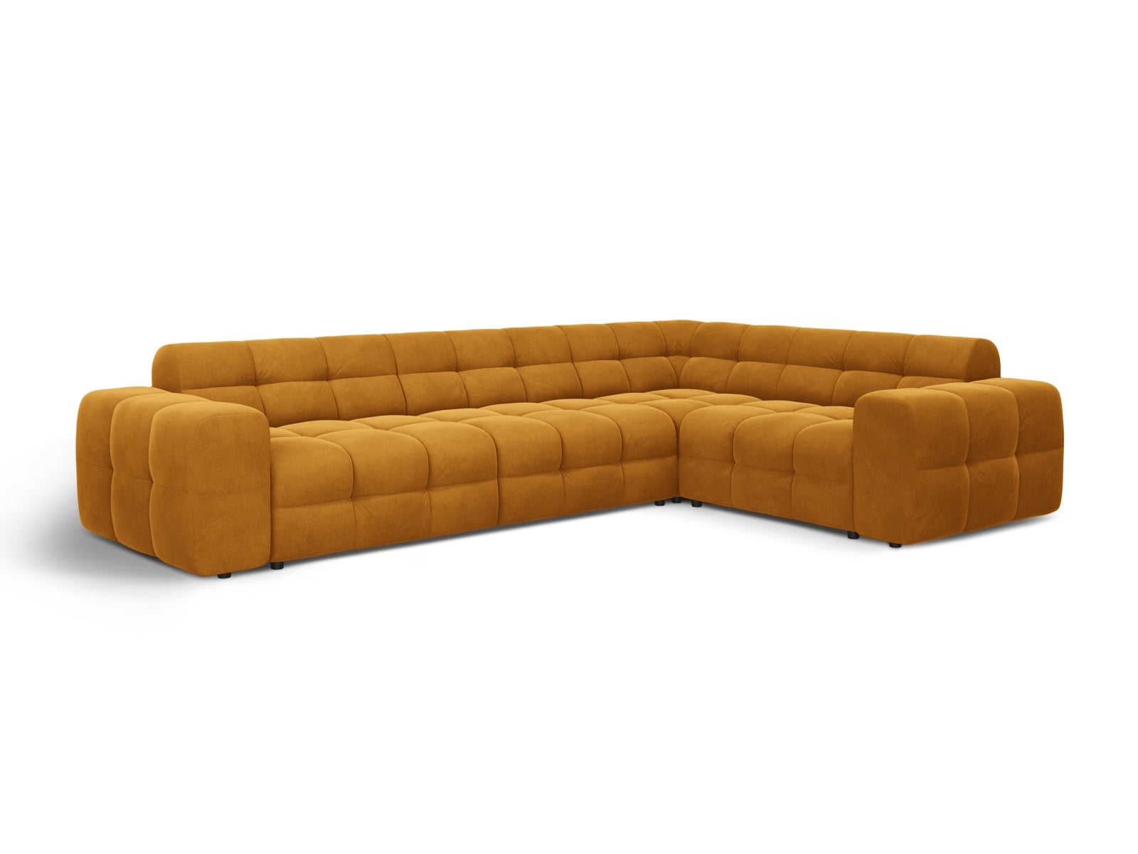 Modernes Kendal Velour Ecksofa in senfgelb, rechtsseitig, für bis zu 6 Personen. Perfekt für gemütliche Abende und stilvolle Einrichtung.