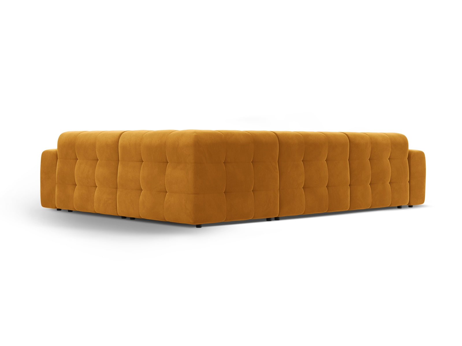 Elegantes Kendal Velour Ecksofa in warmem Senfgelb, rechtsseitig, bietet Platz für bis zu 6 Personen und verleiht jedem Raum einen Hauch von Stil.