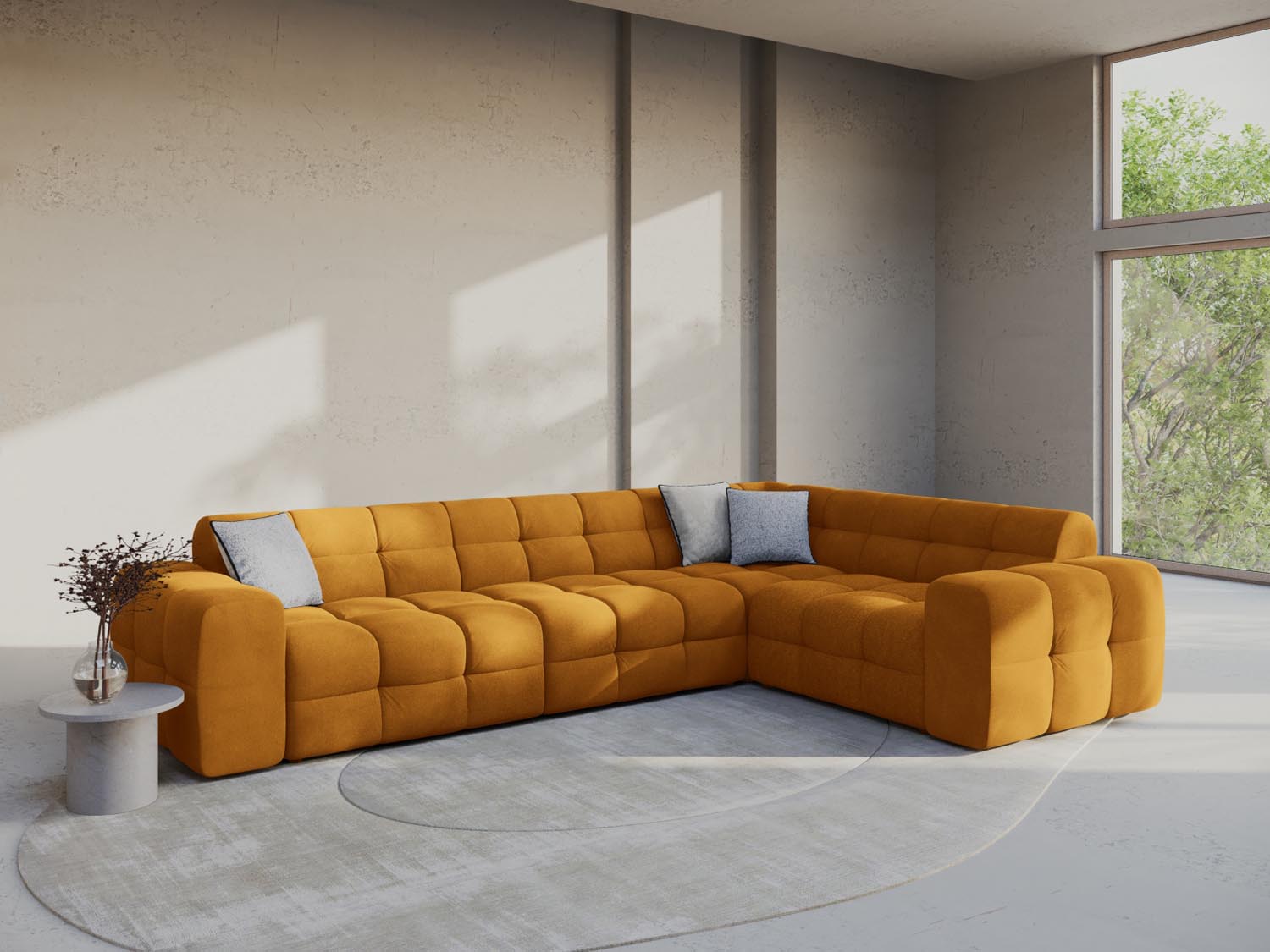 Elegantes Kendal Velour Ecksofa in Mustard, ideal für stilvolle Wohnräume. Komfortables 6-Sitzer Design von Micadoni.