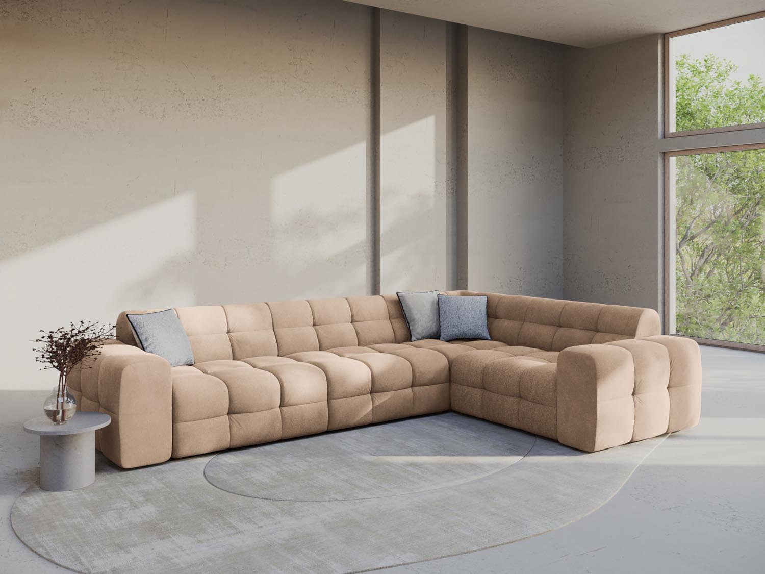 Elegantes Kendal Velour Ecksofa in Almond Beige, ideal für stilvolle Wohnräume. Komfortables 6-Sitzer Design von Micadoni.