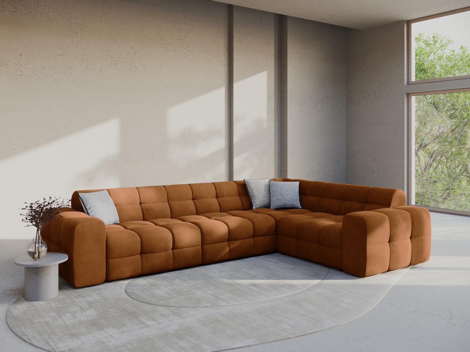 Elegantes Kendal Velour Ecksofa in Camel, ideal für stilvolle Wohnräume. Komfortables 6-Sitzer Design von Micadoni.