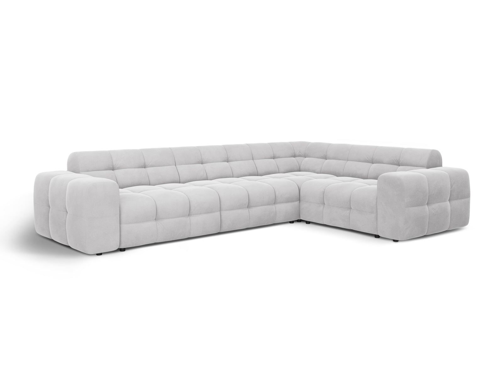 Modernes Kendal Velour Ecksofa in sanftem Grau, perfekt für großzügige Wohnzimmer. 6-Sitzer von Micadoni vereint Stil und Komfort.