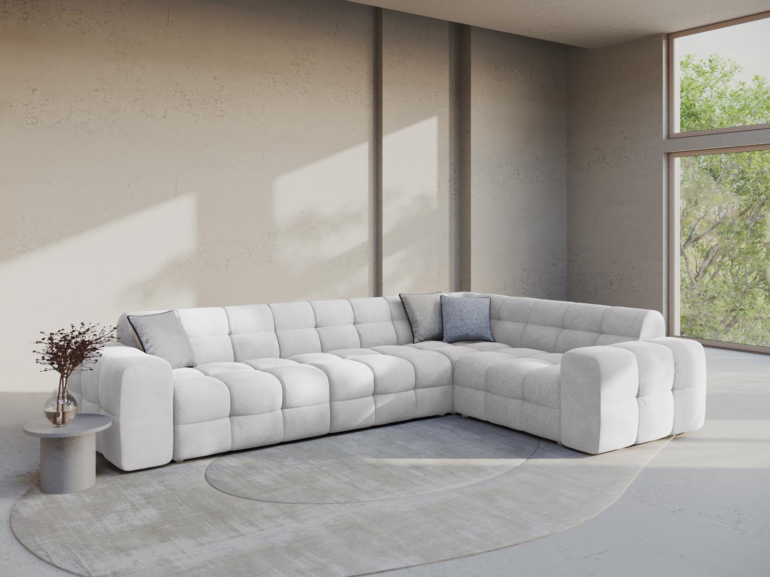 Elegantes Kendal Velour Ecksofa in hellem Grau, ideal für stilvolle Wohnräume. Komfortables 6-Sitzer Design von Micadoni.