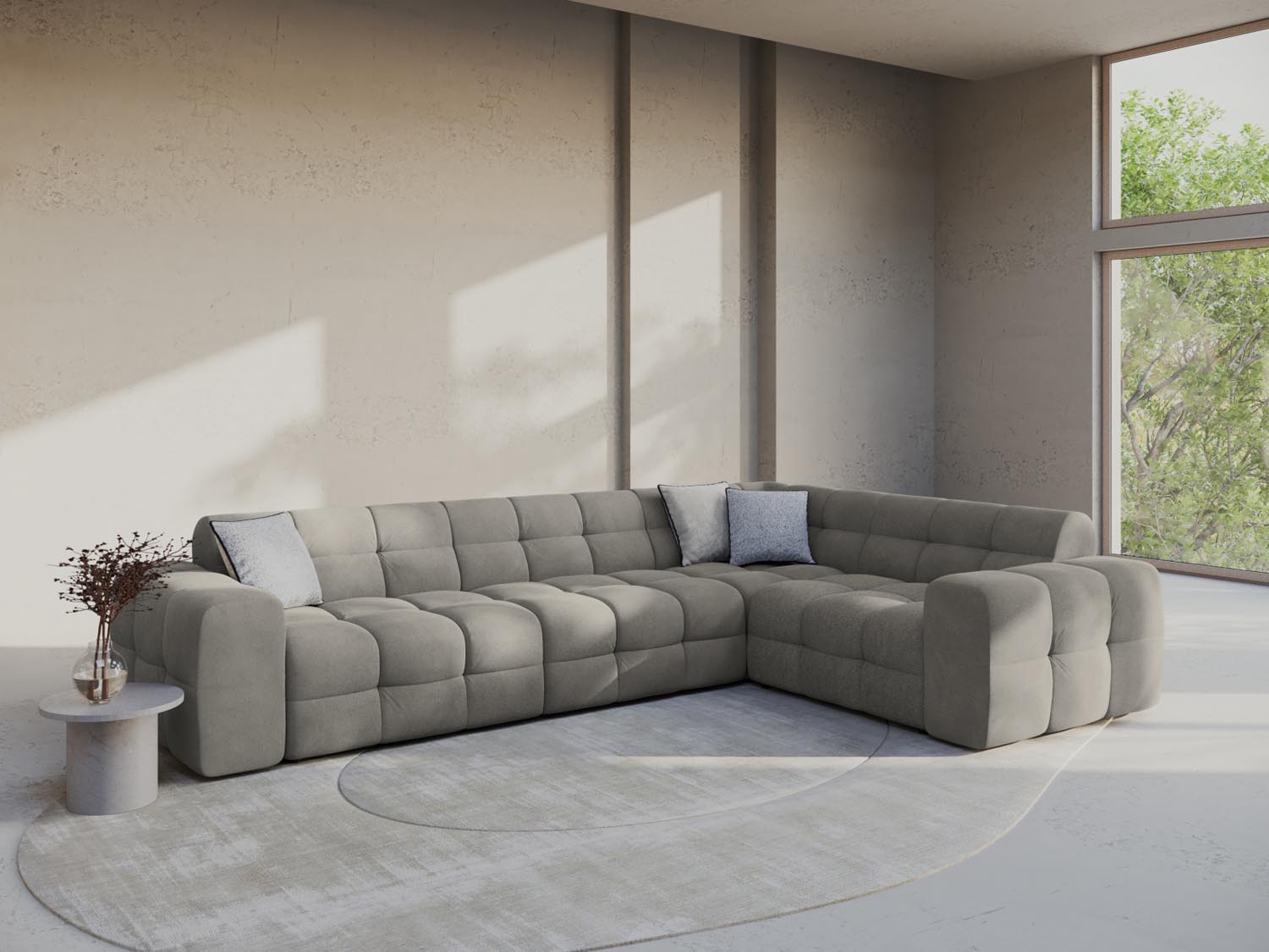 Elegantes Kendal Velour Ecksofa in Dunkelgrau, ideal für stilvolle Wohnräume. Komfortables 6-Sitzer Design von Micadoni.