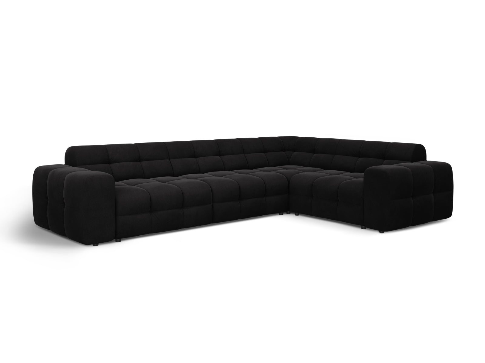 Luxuriöses Kendal Velour Ecksofa in edlem Schwarz, perfekt für großzügige Wohnzimmer. Geräumiges 6-Sitzer Modell von Micadoni.