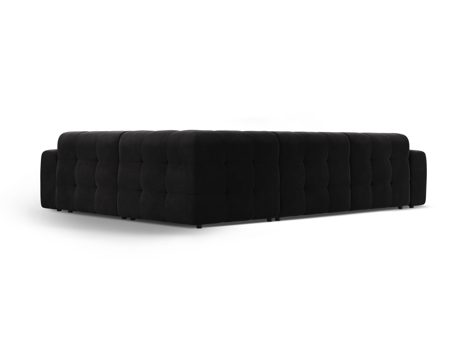 Elegantes Kendal Velour Ecksofa in stilvollem Schwarz, ideal für moderne Wohnräume. Geräumiges 6-Sitzer Design von Micadoni.