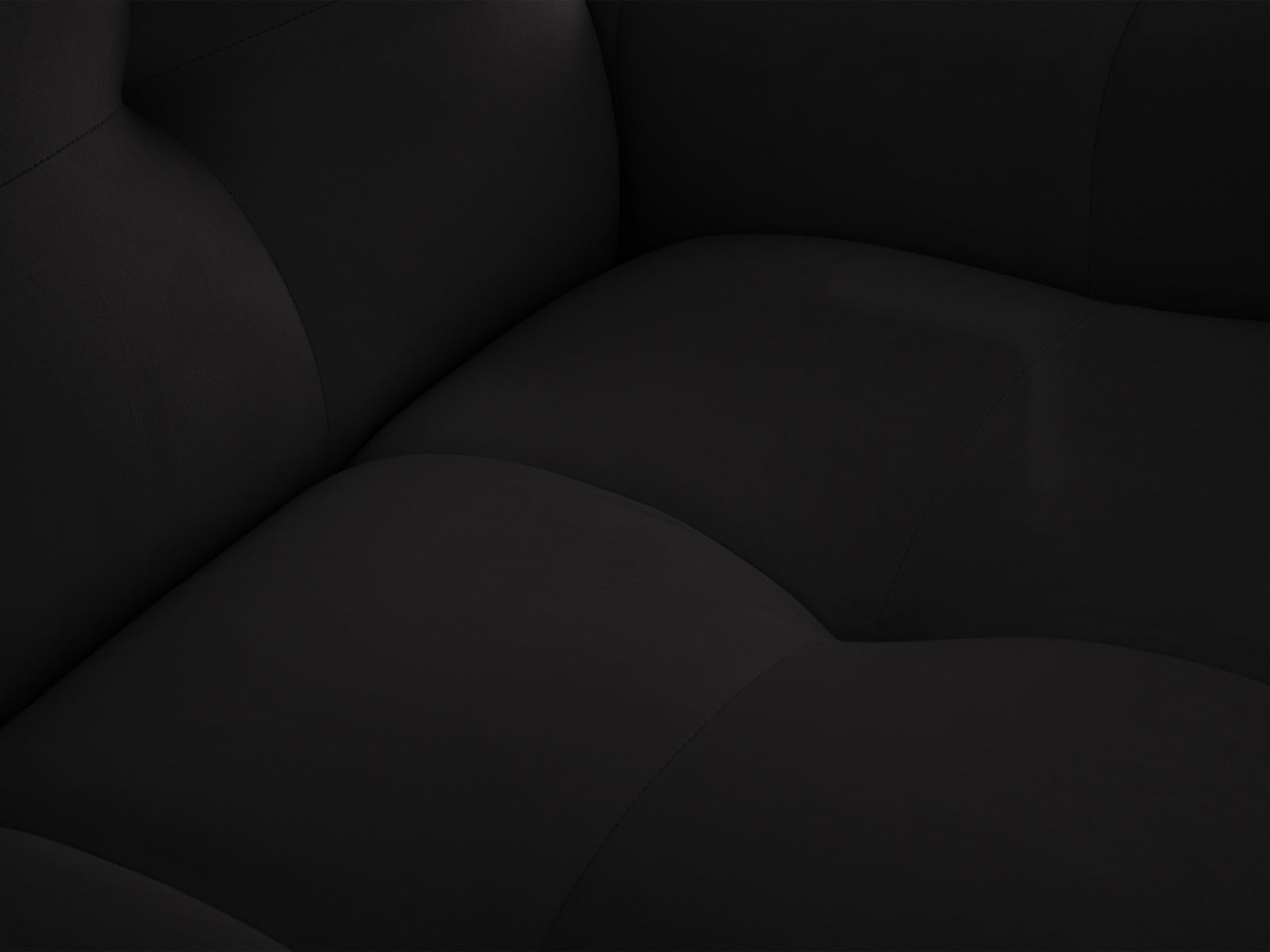 Stylisches Kendal Velour Ecksofa in edlem Schwarz, perfekt für großzügige Wohnzimmer. Komfortables 6-Sitzer Modell von Micadoni.