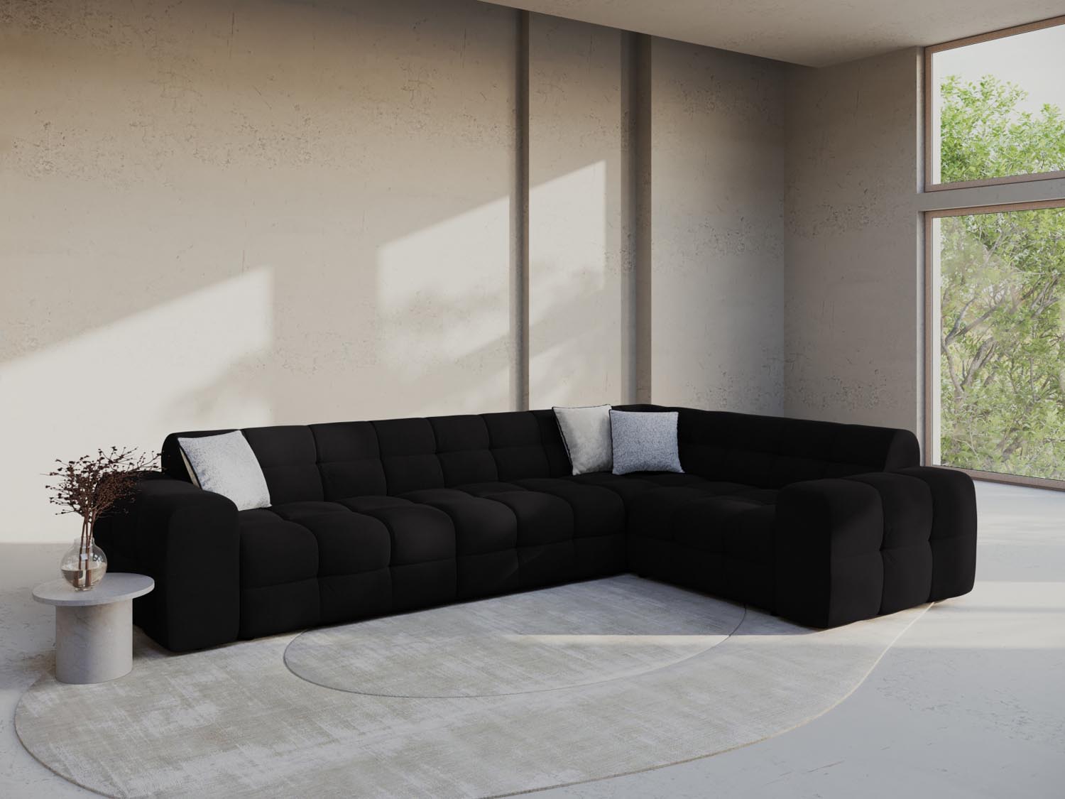 Elegantes Kendal Velour Ecksofa in stilvollem Schwarz, ideal für moderne Wohnräume. Komfortables 6-Sitzer Design von Micadoni.