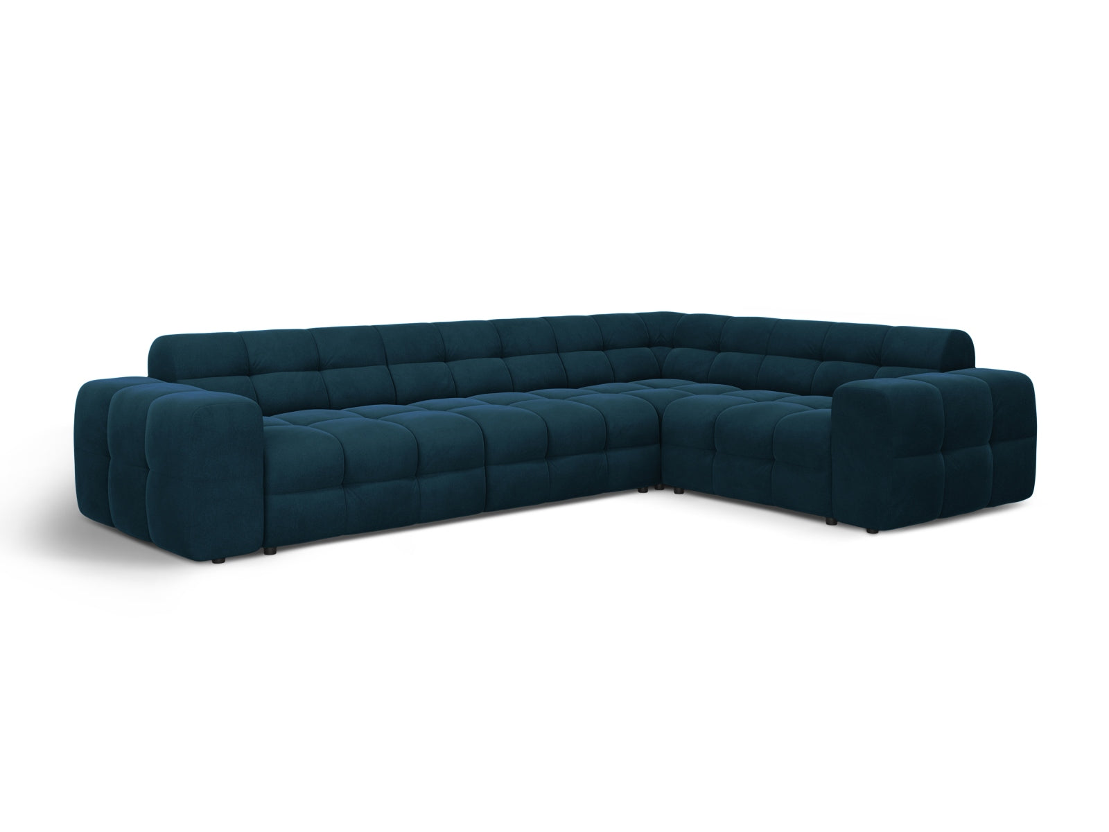 Modernes Kendal Velour Ecksofa in edlem Navy Blue, 6-Sitzer, perfekt für gemütliche Abende und stilvolle Einrichtung, erhältlich bei Micadoni.