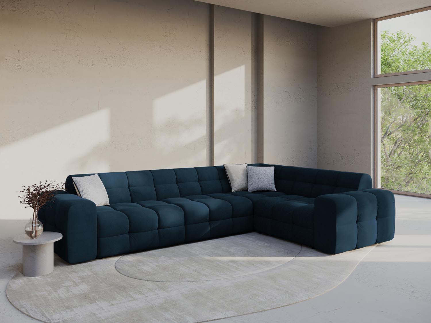 Elegantes Kendal Velour Ecksofa in Navy Blue, 6-Sitzer, ideal für stilvolle Wohnräume, präsentiert von Micadoni.