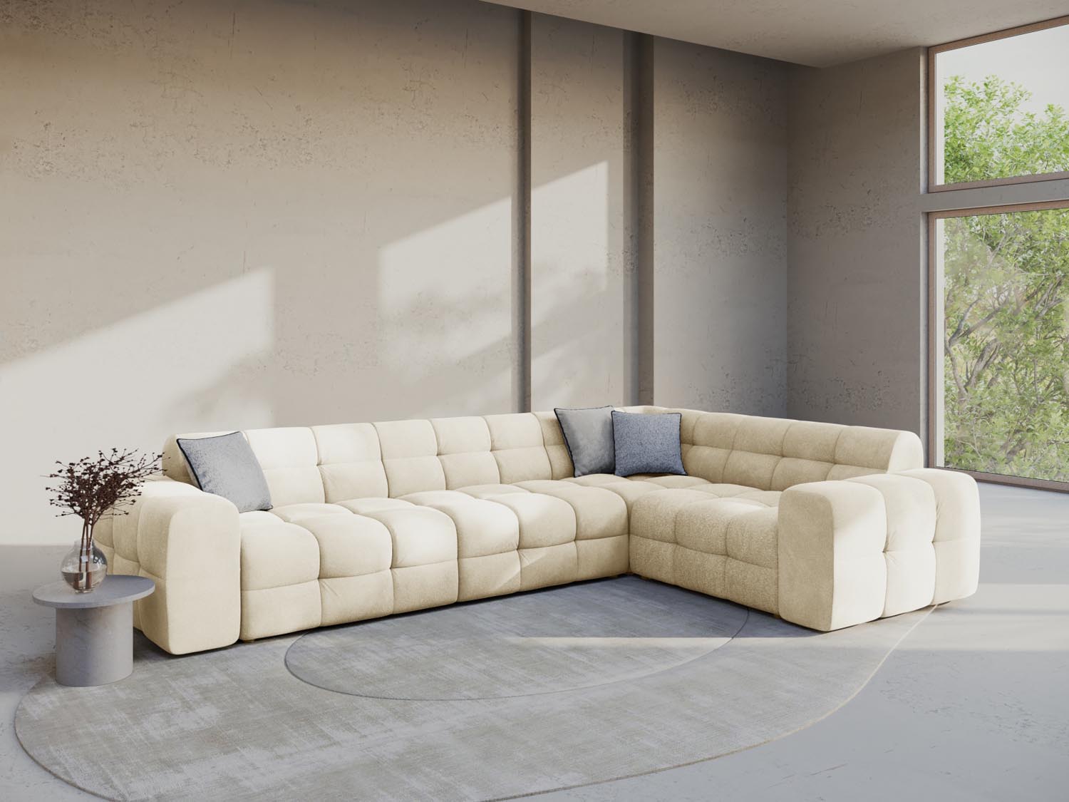Elegantes Kendal Velour Ecksofa rechts für 6 Personen in stilvollem Ivory-Magic Velvet, ideal für moderne Wohnräume.