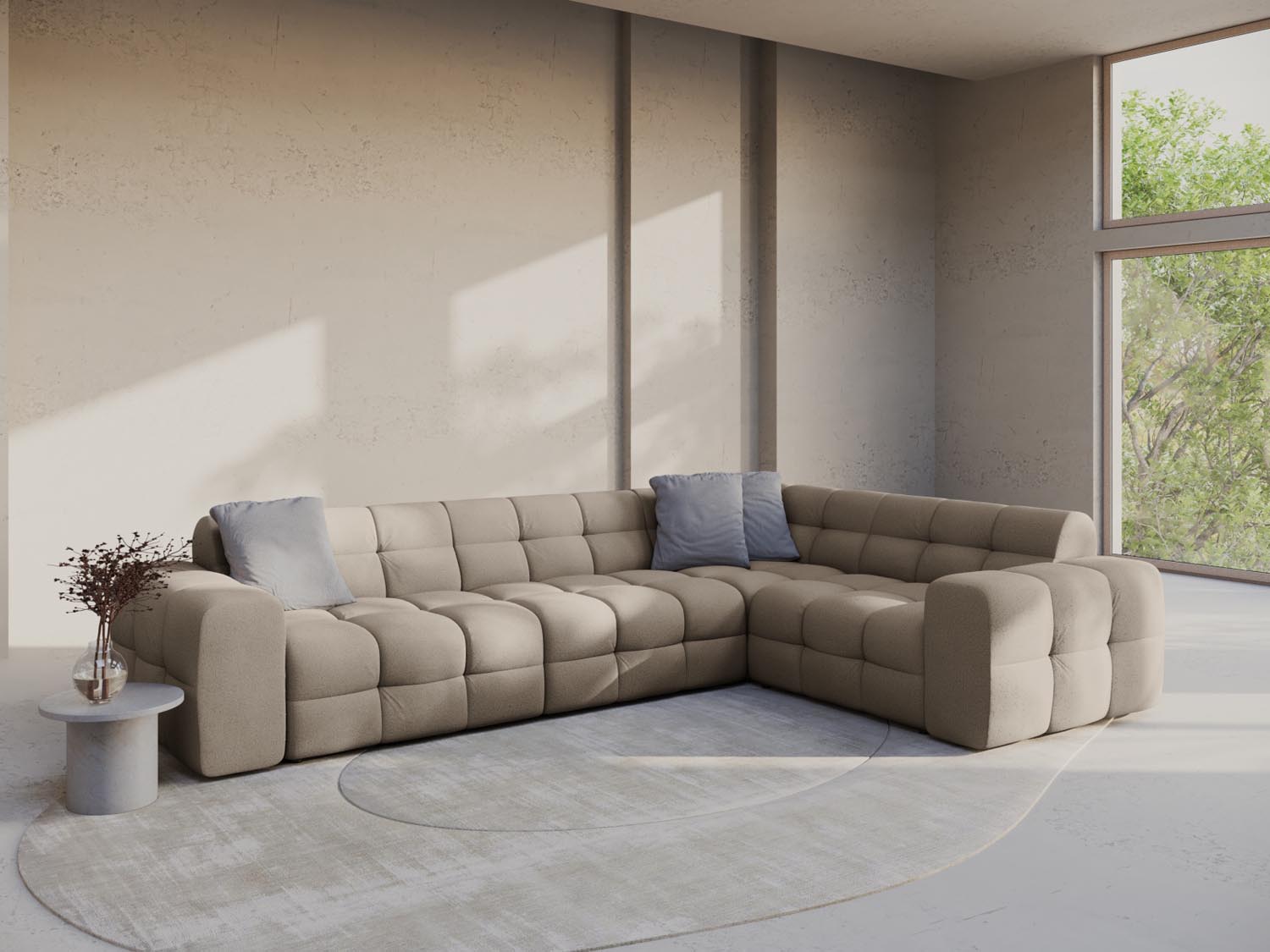 Erleben Sie das Kendal Ecksofa rechts 6 Sitzer von Micadoni – elegantes Velours, modernes Design und optimaler Komfort für Ihr Wohnzimmer.