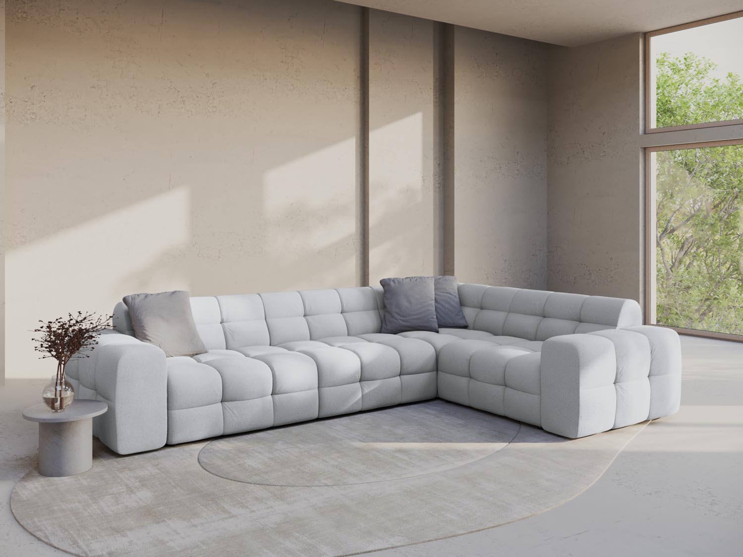 Stylisches Kendal Ecksofa rechts für 6 Personen in hellem Grau, ideal für moderne Wohnräume und gemütliche Abende.