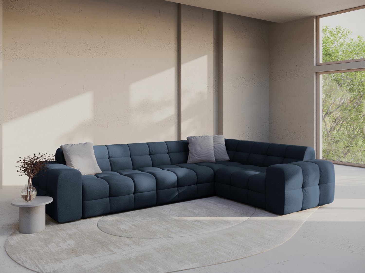 Elegantes Kendal Ecksofa rechts für 6 Personen in stilvollem Navy Blue, ideal für moderne Wohnräume und gemütliche Abende.