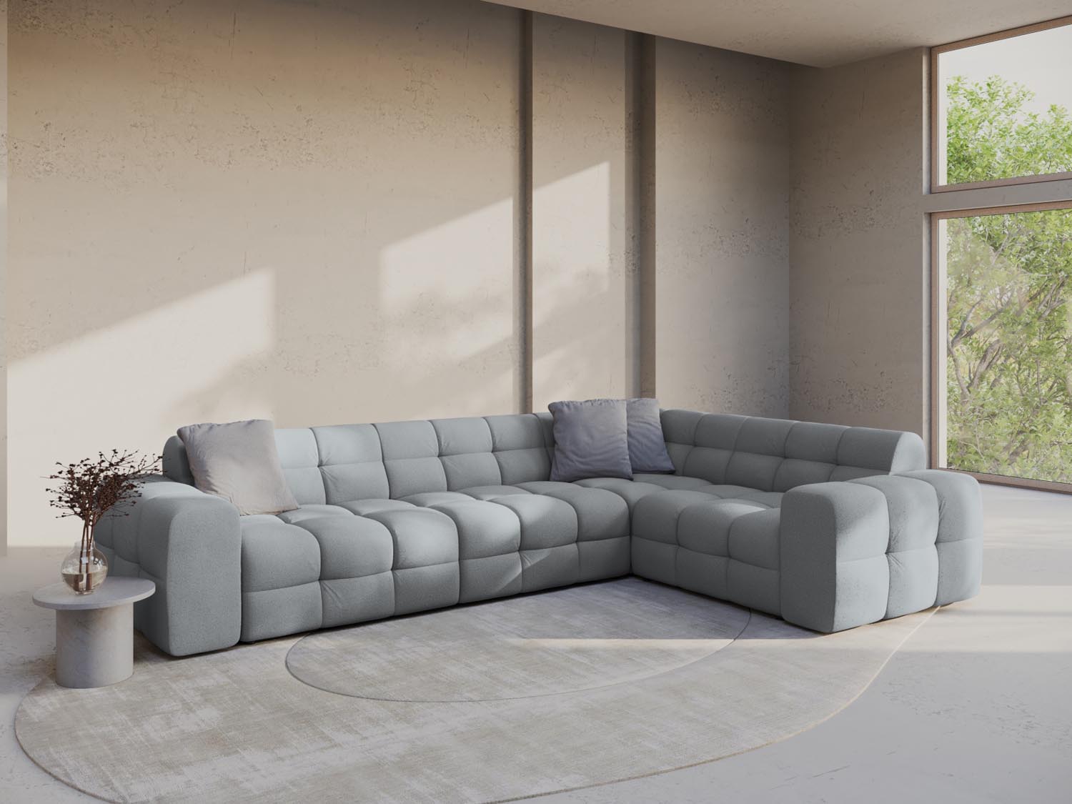 Erleben Sie das Kendal Ecksofa rechts 6 Sitzer von Micadoni – elegantes Velours, modernes Design und optimaler Komfort für Ihr Wohnzimmer.