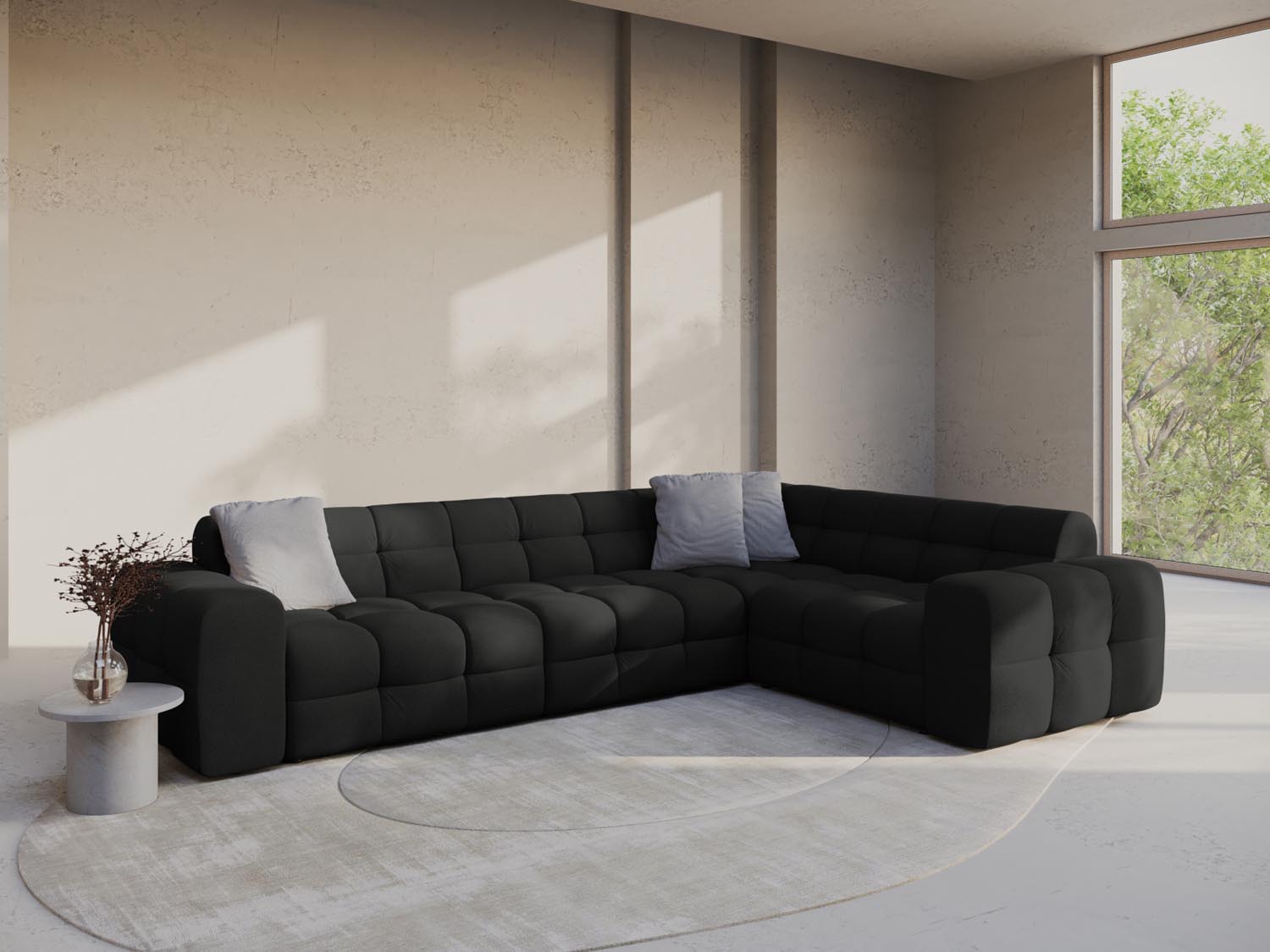 Elegantes Kendal Ecksofa rechts für 6 Personen in stilvollem Schwarz, ideal für moderne Wohnräume und gemütliche Abende.