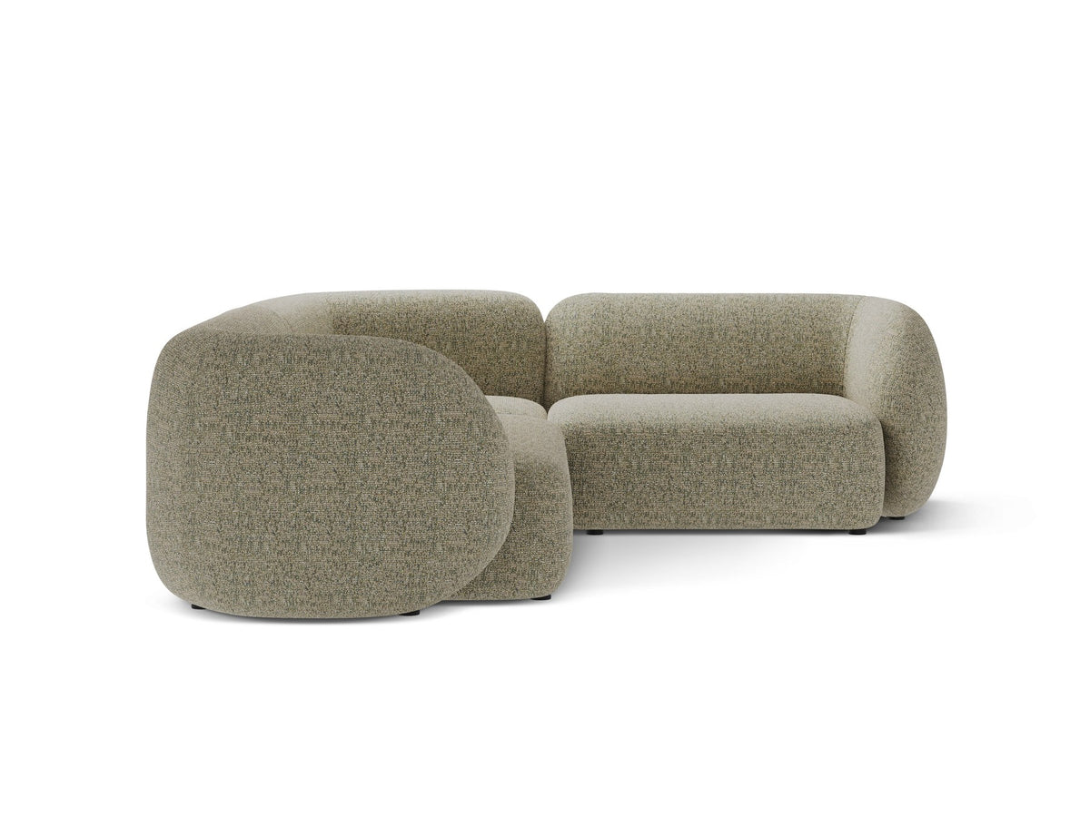 Weisses Ecksofa rechts von Micadoni aus der Kate-Serie mit strukturiertem Bouclé-Stoff, schwarzen Kunststoffbeinen und modularem Aufbau.