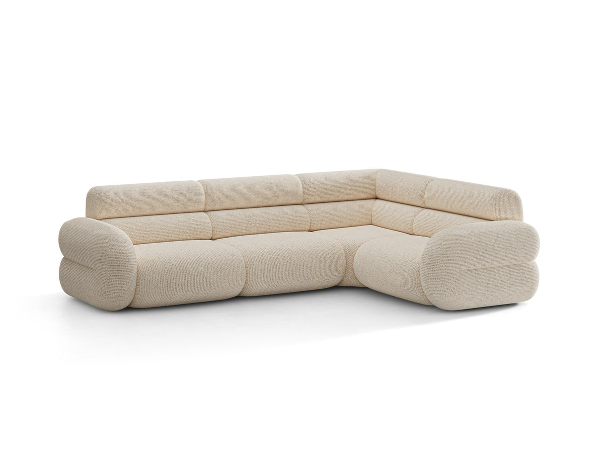 Neo Linkes Ecksofa von Micadoni in dunklem Olivgrün, L-Sofa rechts mit Bouclé-Stoffbezug, hoher Rückenlehne und schwarzen Kunststoffbeinen.