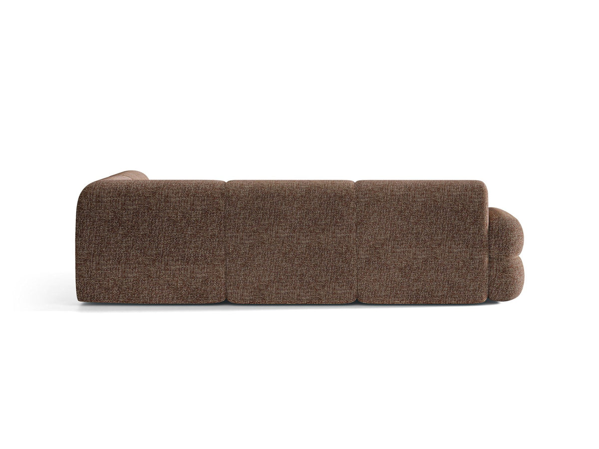 Neo Linkes Ecksofa von Micadoni in dunklem Olivgrün, L-Sofa rechts mit Bouclé-Stoffbezug, hoher Rückenlehne und schwarzen Kunststoffbeinen.