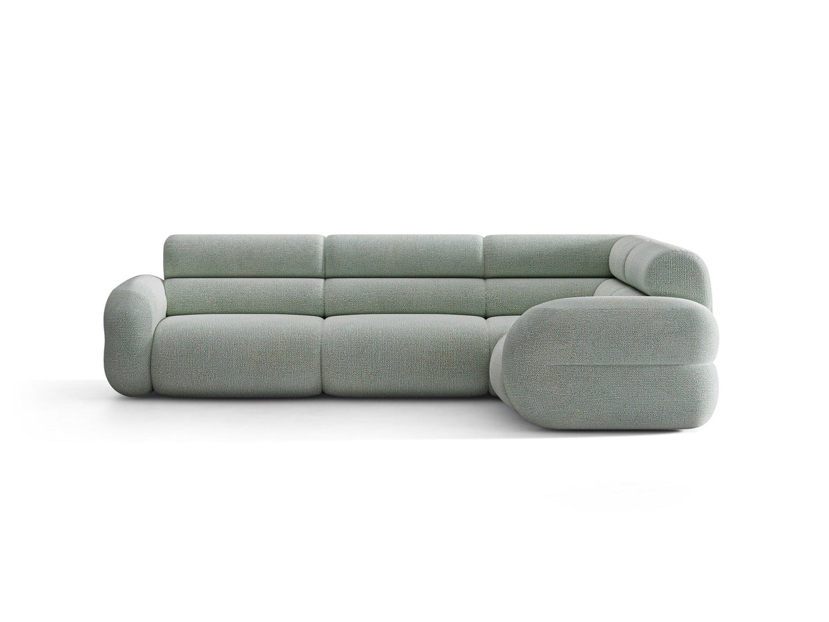 Neo Linkes Ecksofa von Micadoni in dunklem Olivgrün, L-Sofa rechts mit Bouclé-Stoffbezug, hoher Rückenlehne und schwarzen Kunststoffbeinen.