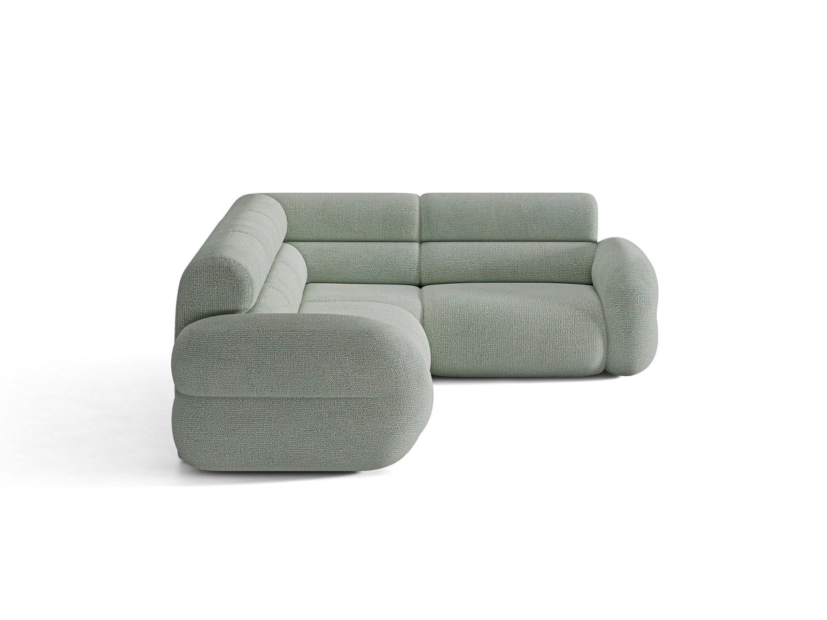Neo Linkes Ecksofa von Micadoni in dunklem Olivgrün, L-Sofa rechts mit Bouclé-Stoffbezug, hoher Rückenlehne und schwarzen Kunststoffbeinen.
