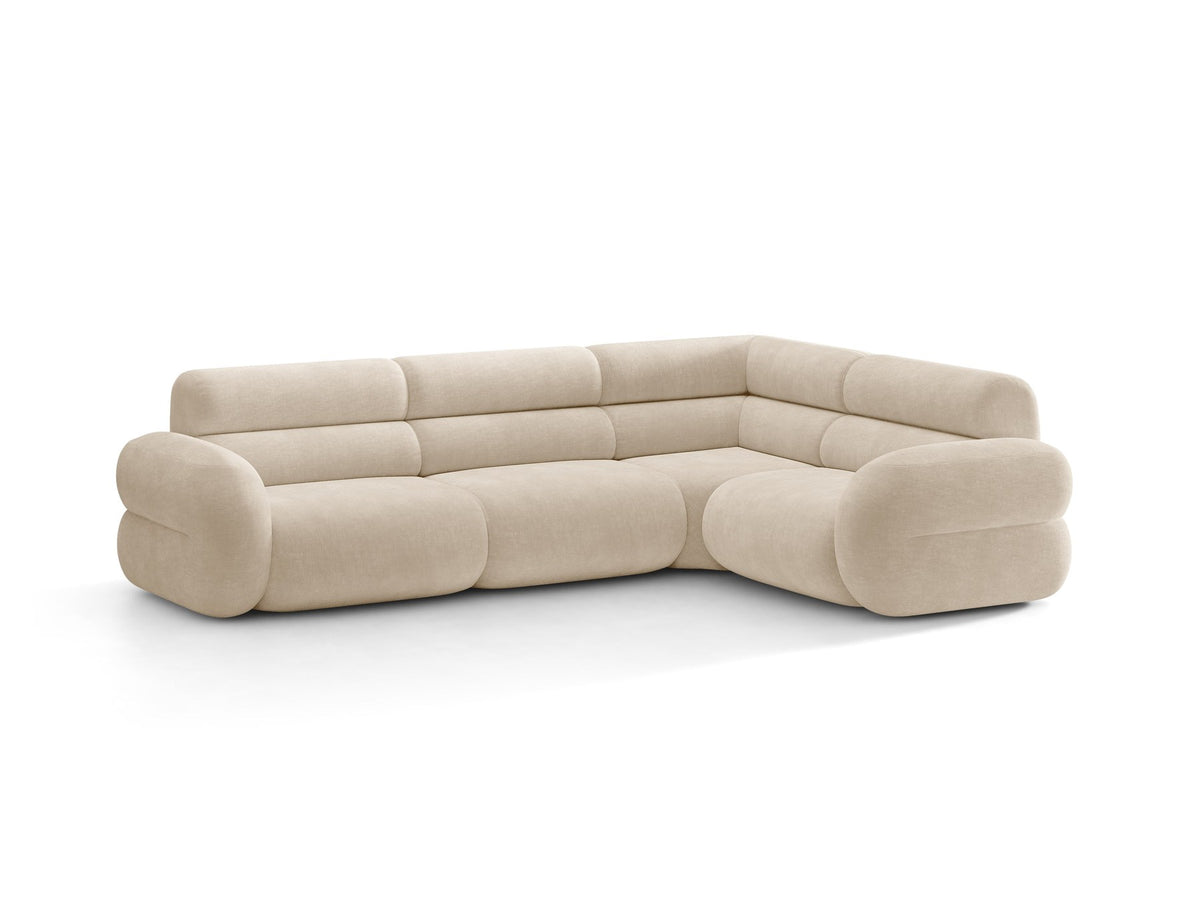 Neo Linkes Ecksofa von Micadoni in dunklem Olivgrün, L-Sofa rechts mit Bouclé-Stoffbezug, hoher Rückenlehne und schwarzen Kunststoffbeinen.