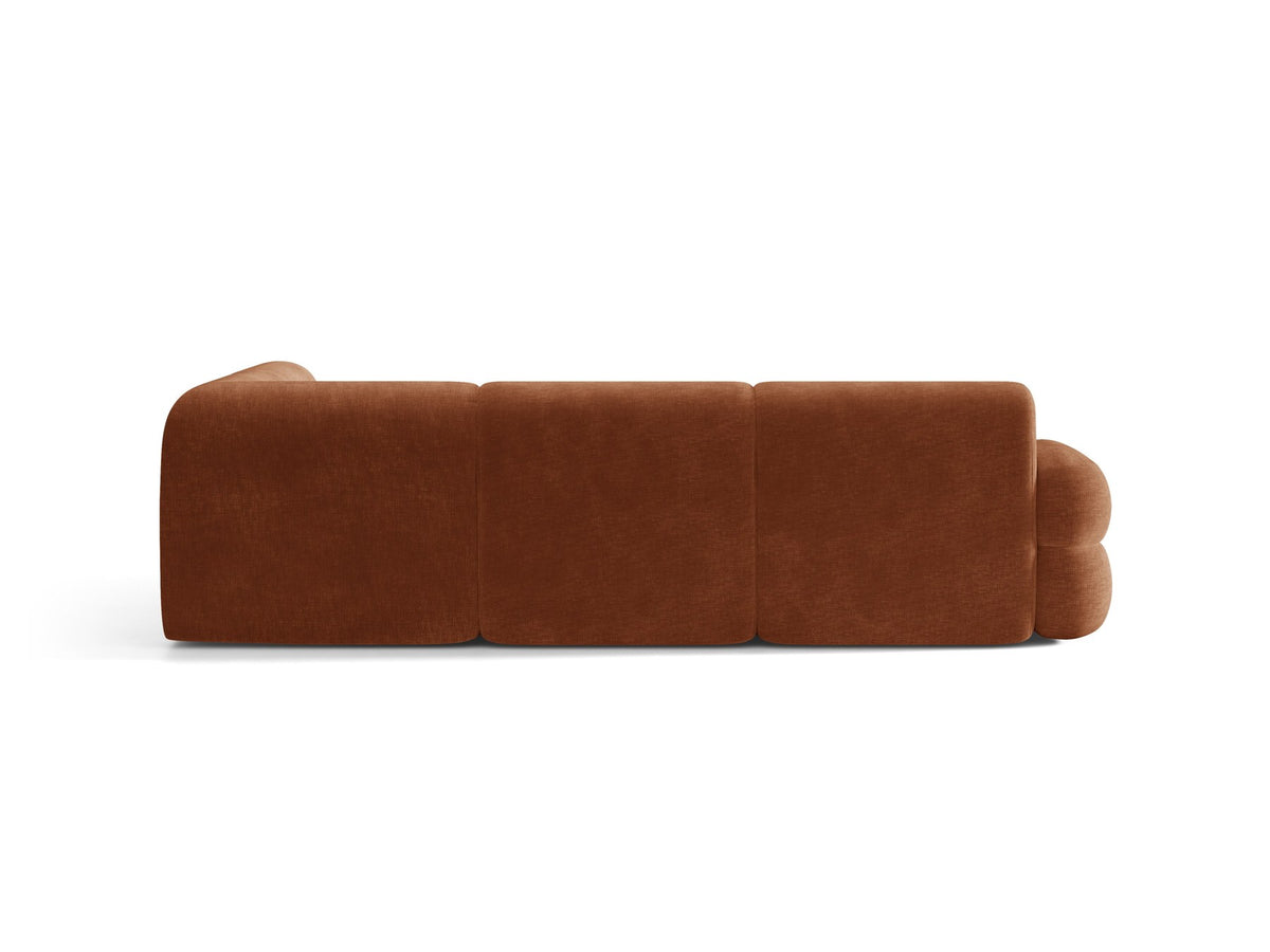 Neo Linkes Ecksofa von Micadoni in dunklem Olivgrün, L-Sofa rechts mit Bouclé-Stoffbezug, hoher Rückenlehne und schwarzen Kunststoffbeinen.