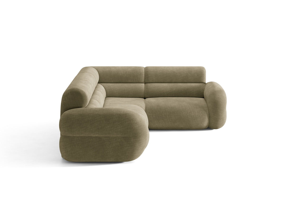 Neo Linkes Ecksofa von Micadoni in dunklem Olivgrün, L-Sofa rechts mit Bouclé-Stoffbezug, hoher Rückenlehne und schwarzen Kunststoffbeinen.