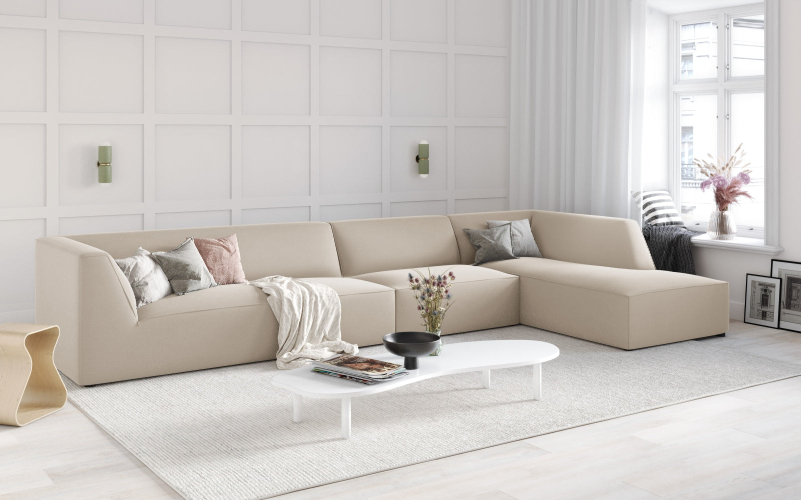 Elegantes Ruby Velour Ecksofa in stilvollem Design, 5-Sitzer, modulare Form, ideal für moderne Wohnräume, präsentiert von Micadoni.