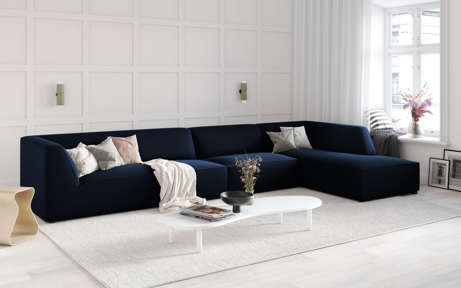 Elegantes Ruby Velour Ecksofa in stilvollem Design, 5-Sitzer, modulare Form, ideal für moderne Wohnräume, präsentiert in warmen Rottönen.