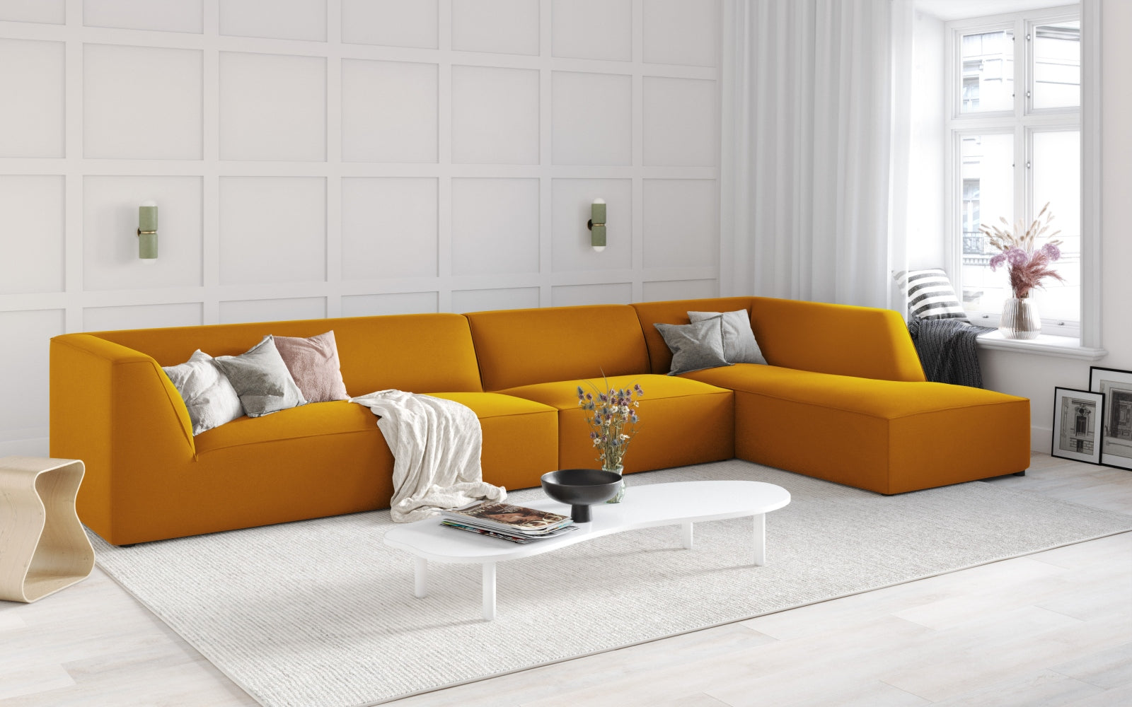 Elegantes Ruby Velour Ecksofa in stilvollem Design, 5-Sitzer, modulare Form, ideal für moderne Wohnräume, präsentiert von Micadoni.