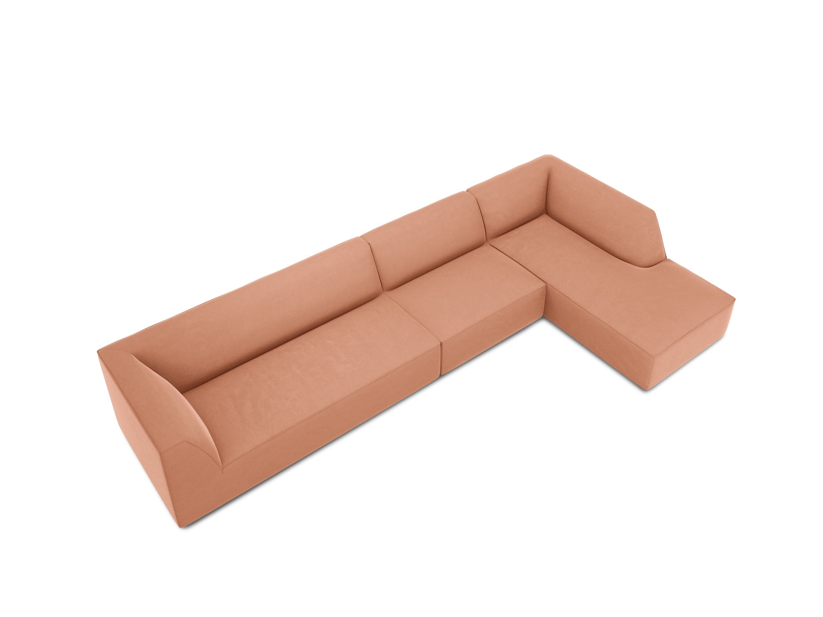Elegantes 5-Sitzer Ecksofa in hochwertigem Ruby Velour, rechte Variante, ideal für stilvolle und einladende Wohnräume.