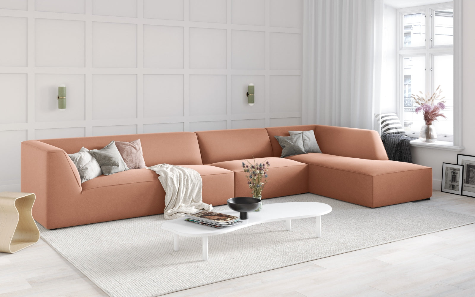 Elegantes Ruby Velour Ecksofa in Pink, 5-Sitzer, modulare Bauweise, ideal für stilvolle Wohnräume, präsentiert von Micadoni.