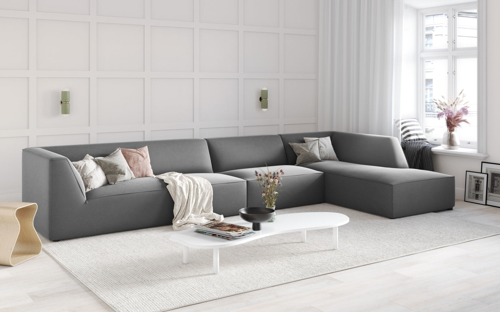Elegantes Ruby Velour Ecksofa in stilvollem Design, ideal für moderne Wohnräume. Modular und bequem, perfekt für gesellige Abende.
