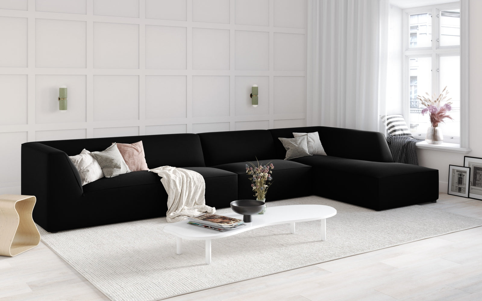 Elegantes Ruby Velour Ecksofa in stilvollem Design, 5-Sitzer, modulare Form, ideal für moderne Wohnräume, präsentiert von Micadoni.