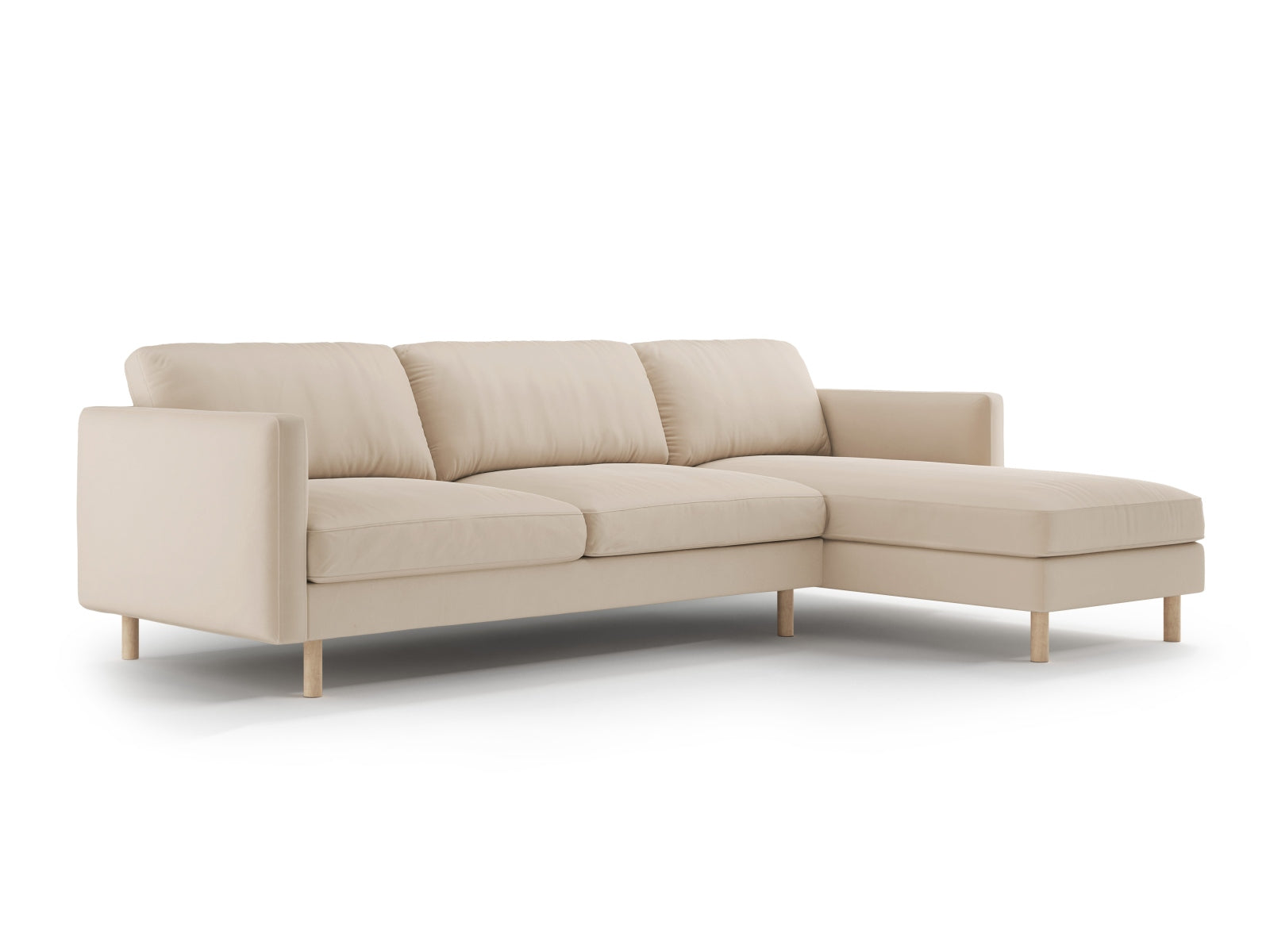 Elegantes Eden Velour Ecksofa rechts, 4-Sitzer in sanftem Nude-Ton, ideal für stilvolle Wohnräume, von Micadoni.
