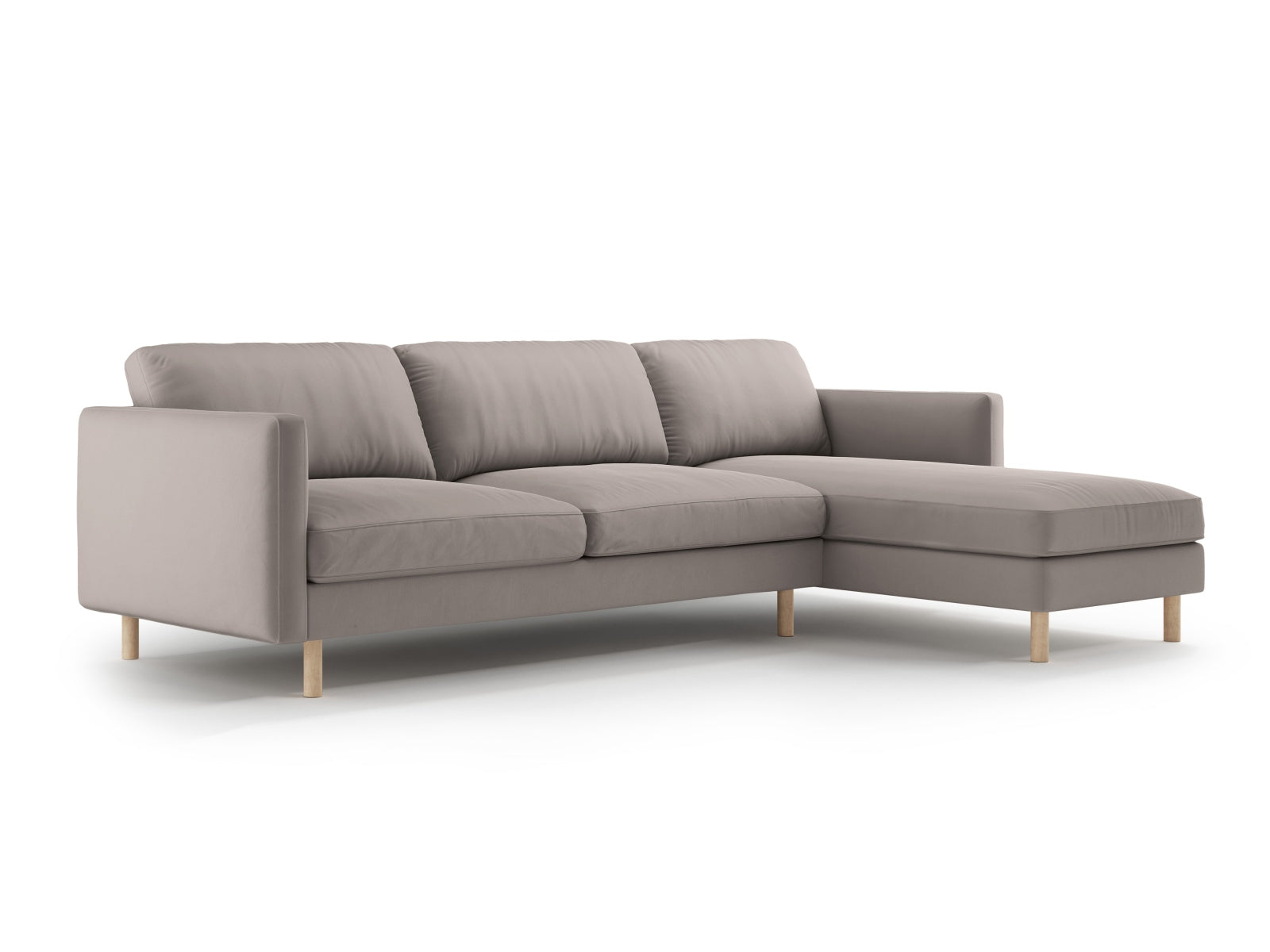 Elegantes Eden Velour Ecksofa rechts, 4-Sitzer in warmem Grau, ideal für stilvolle Wohnräume, präsentiert von Micadoni.