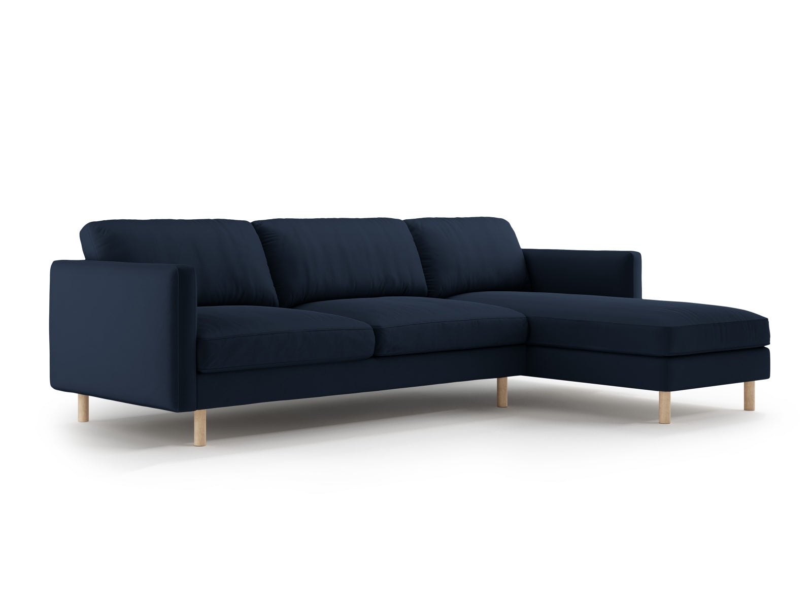 Elegantes Eden Velour Ecksofa rechts im luxuriösen Dunkelblau, ideal für stilvolle Wohnräume und gemütliche Abende.