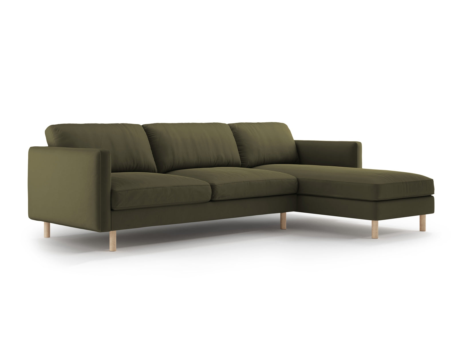 Elegantes Eden Velour Ecksofa rechts in stilvollem Moss Green Melange, ideal für moderne Wohnräume und gemütliche Abende.
